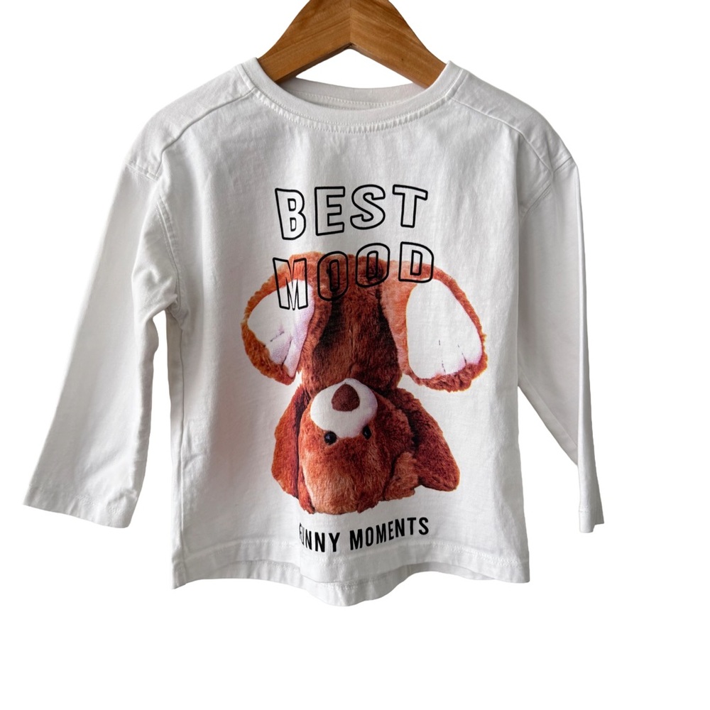 Zara White Long Sleeve Kids Tee with Bear Graphic